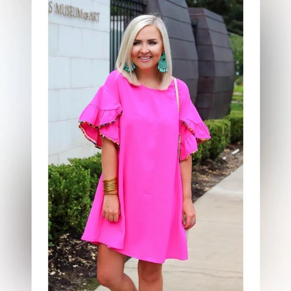 NEW! VERY J Hot Pink Shift Dress with Pom Pom sleeves size Small - Picture 3 of 8